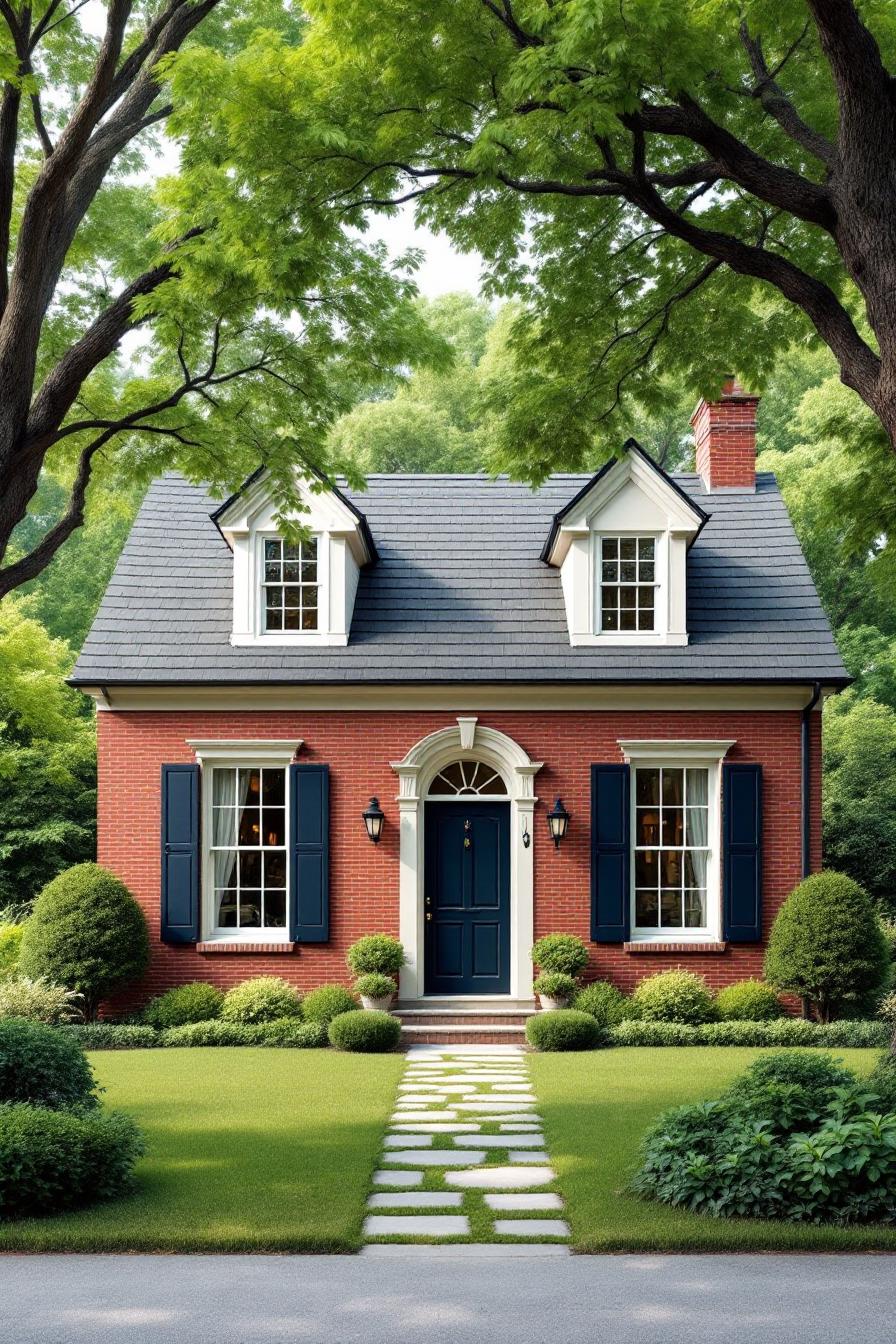 Red brick cottage with dark blue shutters and lush greenery