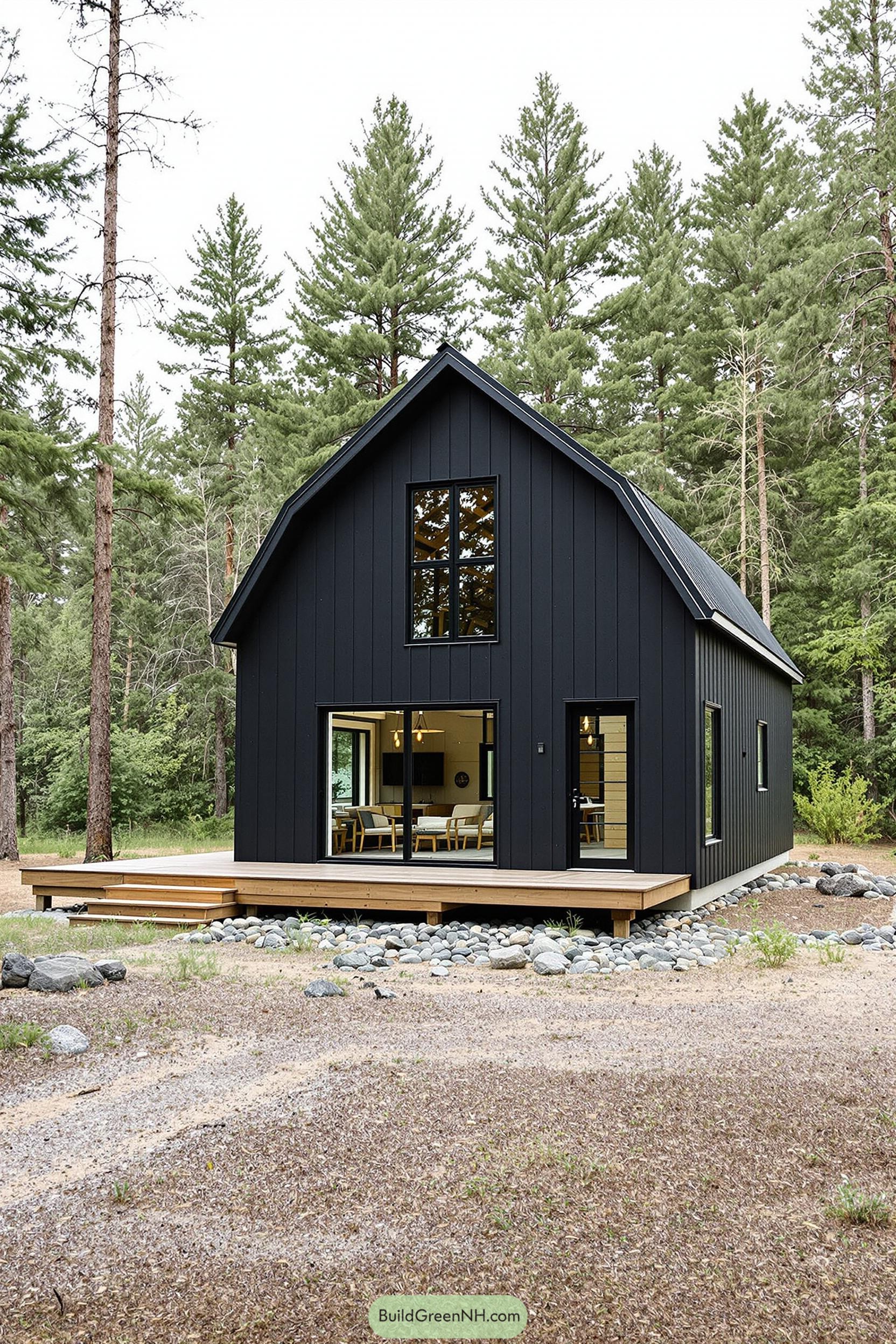 Elegant black barn house surrounded by trees