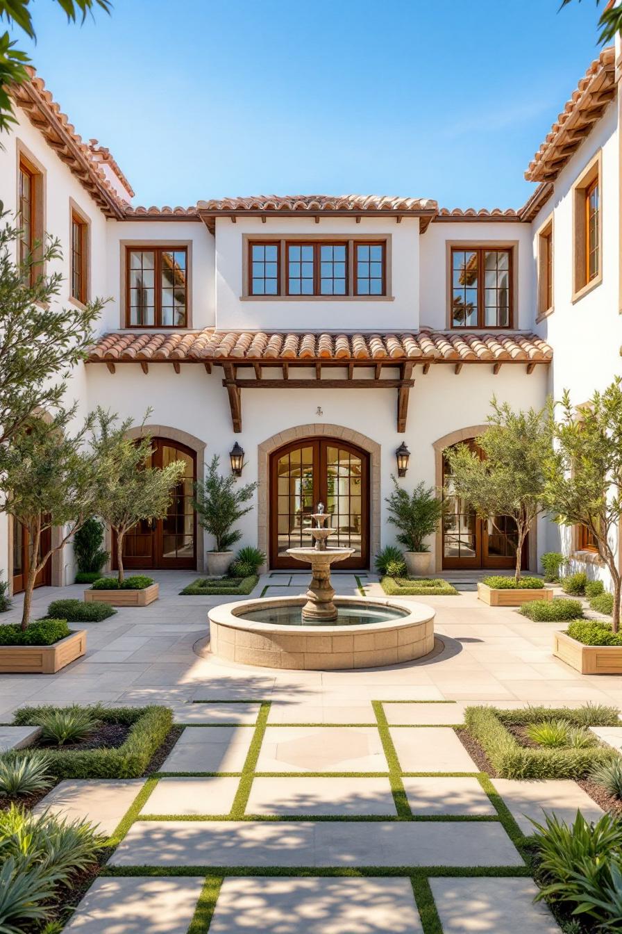 Lush Spanish courtyard with central fountain and terracotta roof