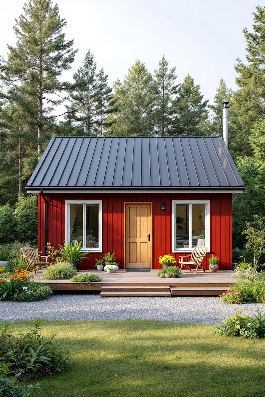 Small red country house with a black roof, surrounded by trees