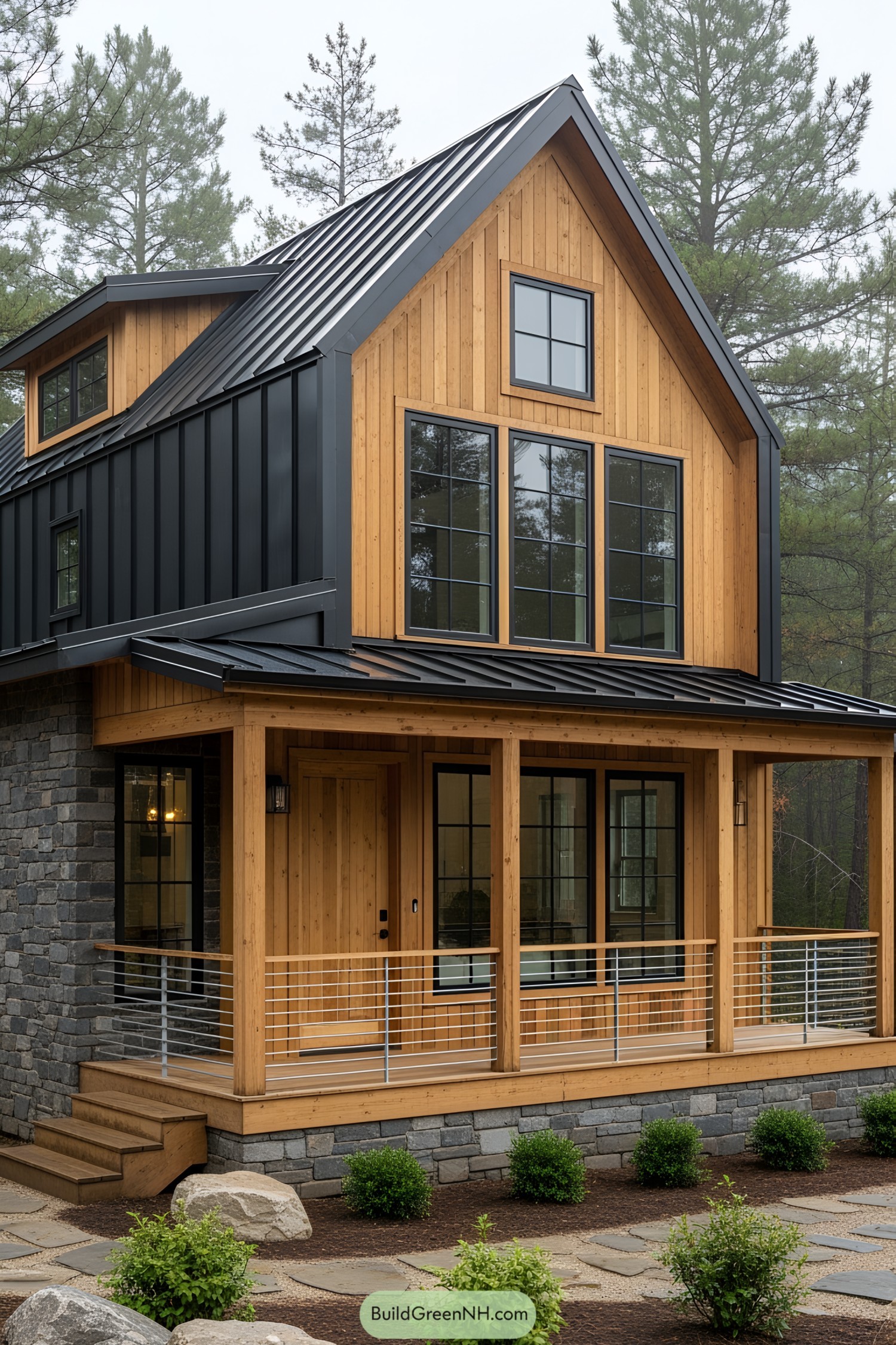 Tiny rustic house with a modern metal roof, wooden paneling, and stone foundation