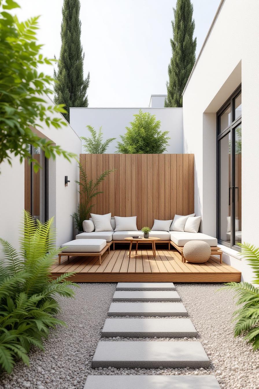 Small courtyard with wooden deck and white seating