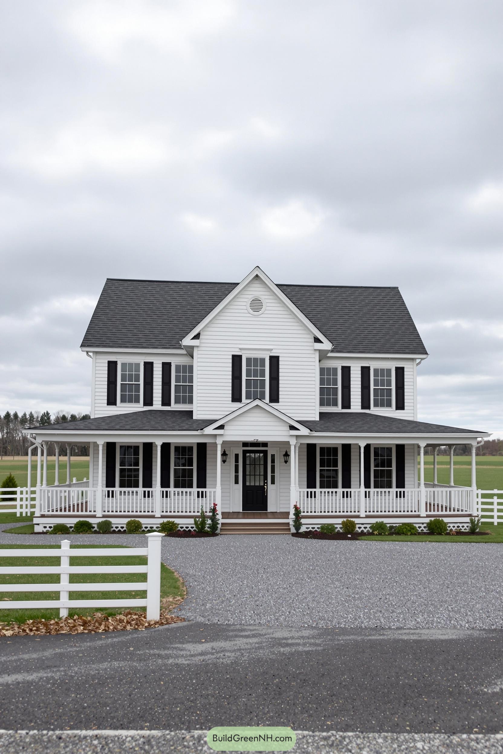 Traditional white farmhouse with dark shutters and a wraparound porch