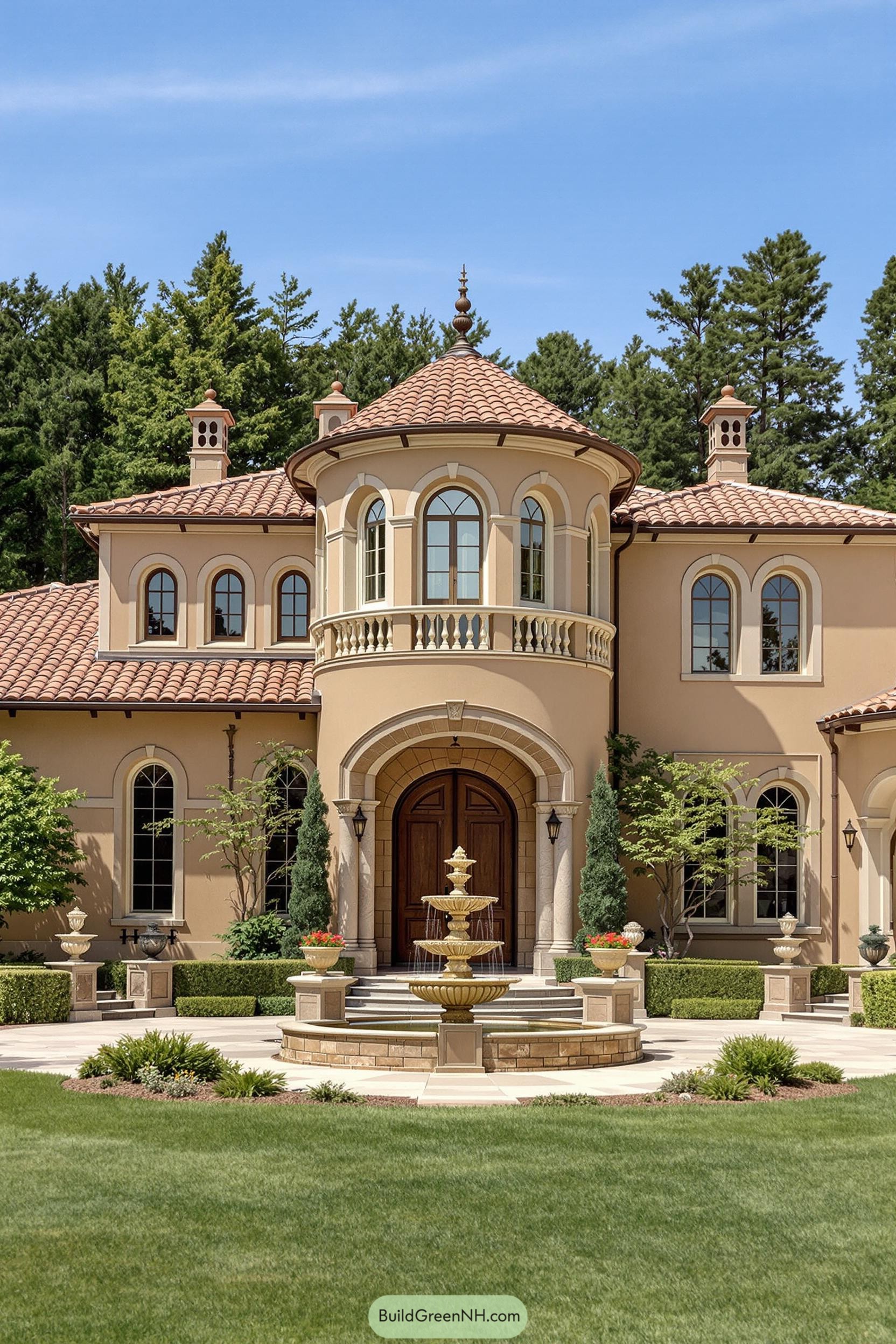 Luxurious Tuscan mansion with round tower and fountain