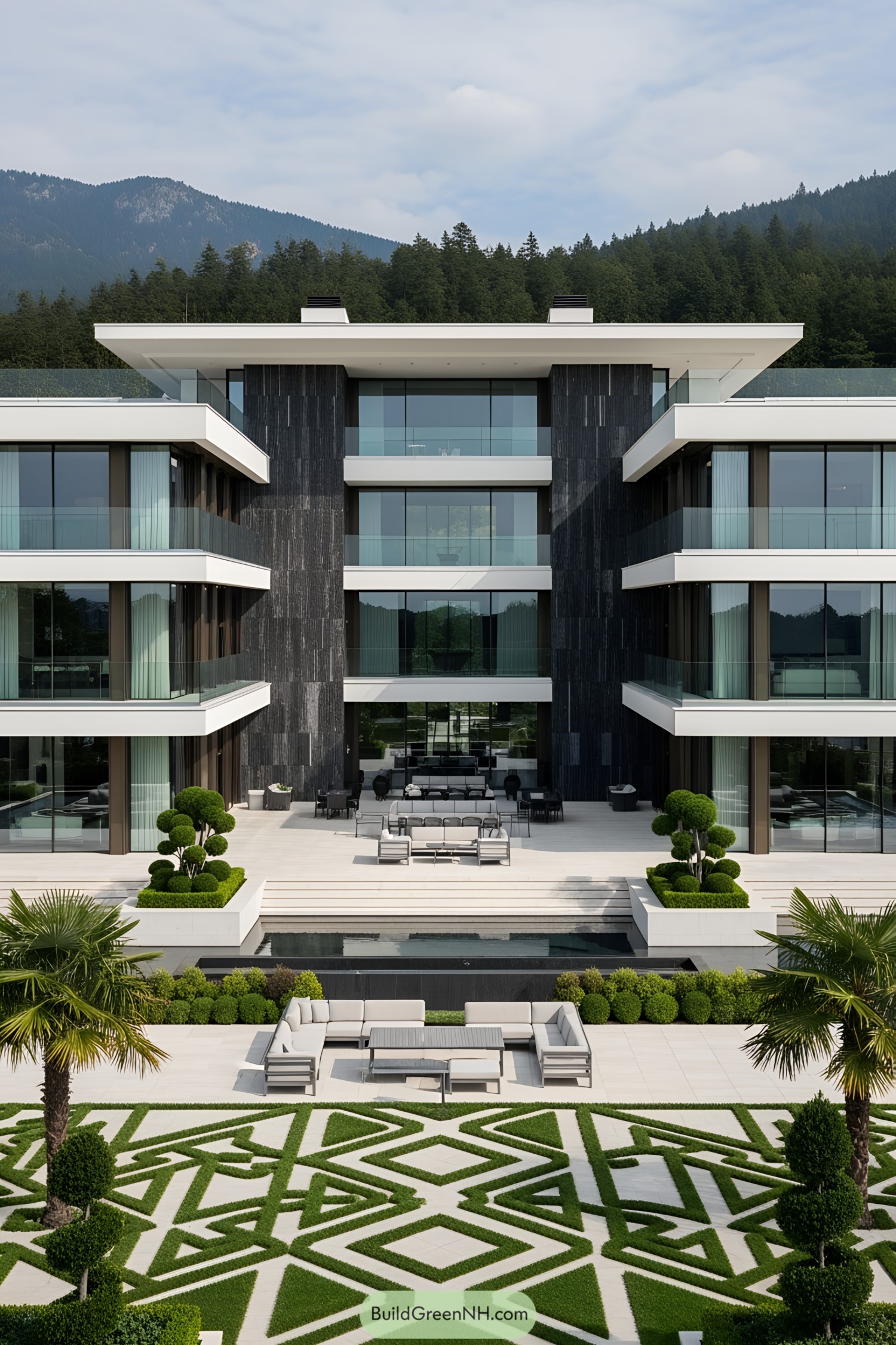 Modern mansion with geometric garden and forest view