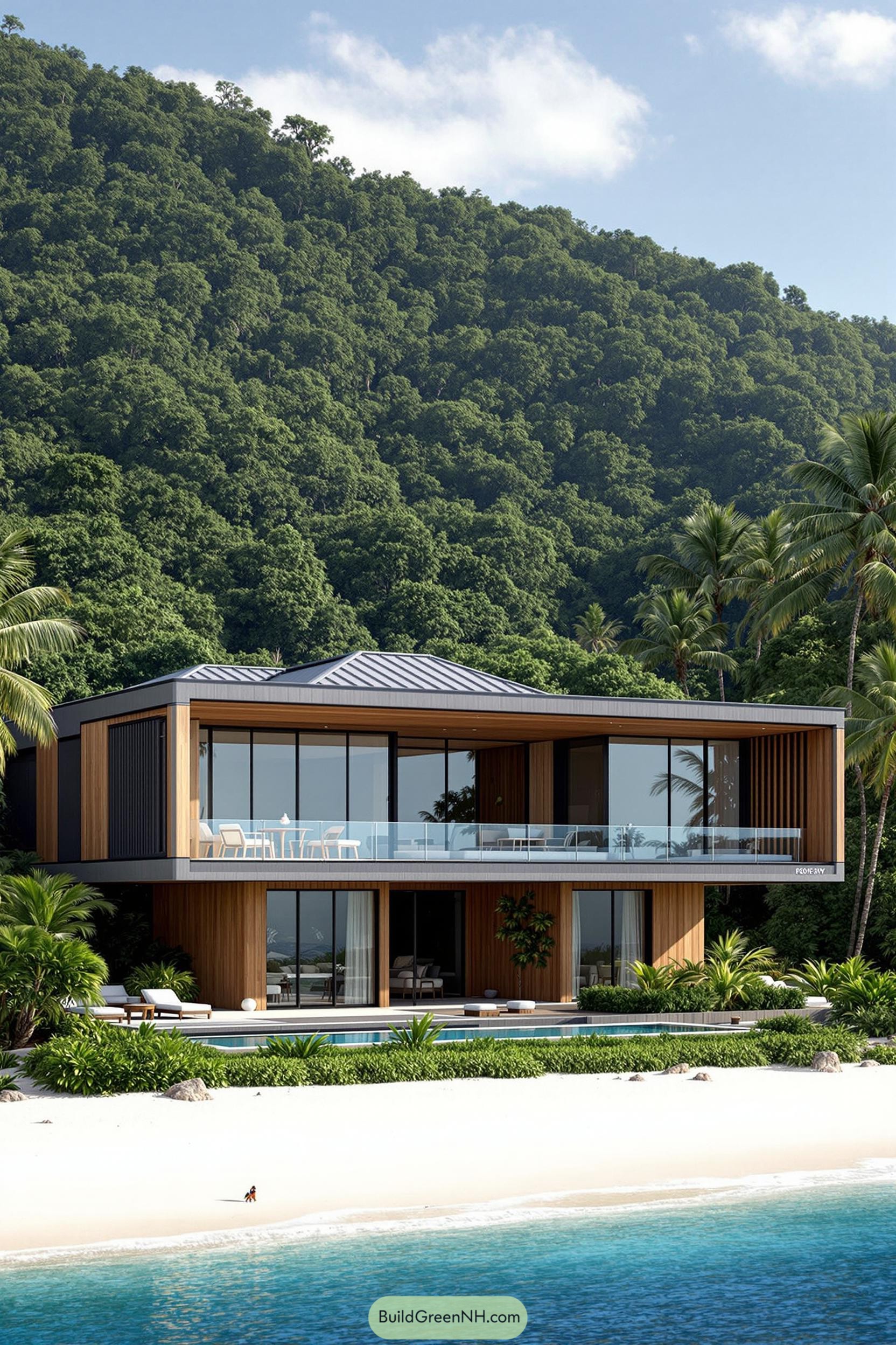 Modern beachfront mansion against a lush hillside