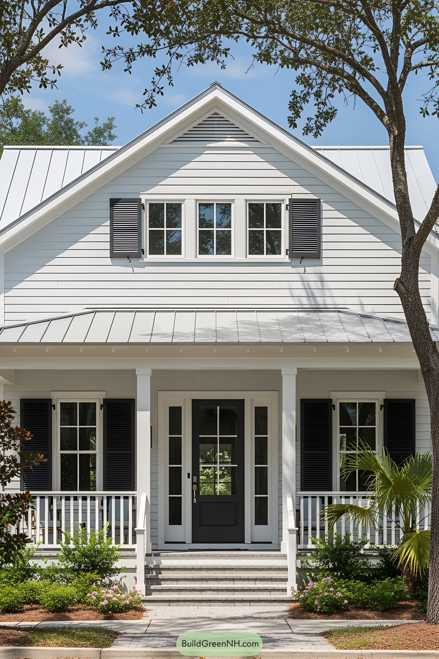 White coastal bungalow with black accents