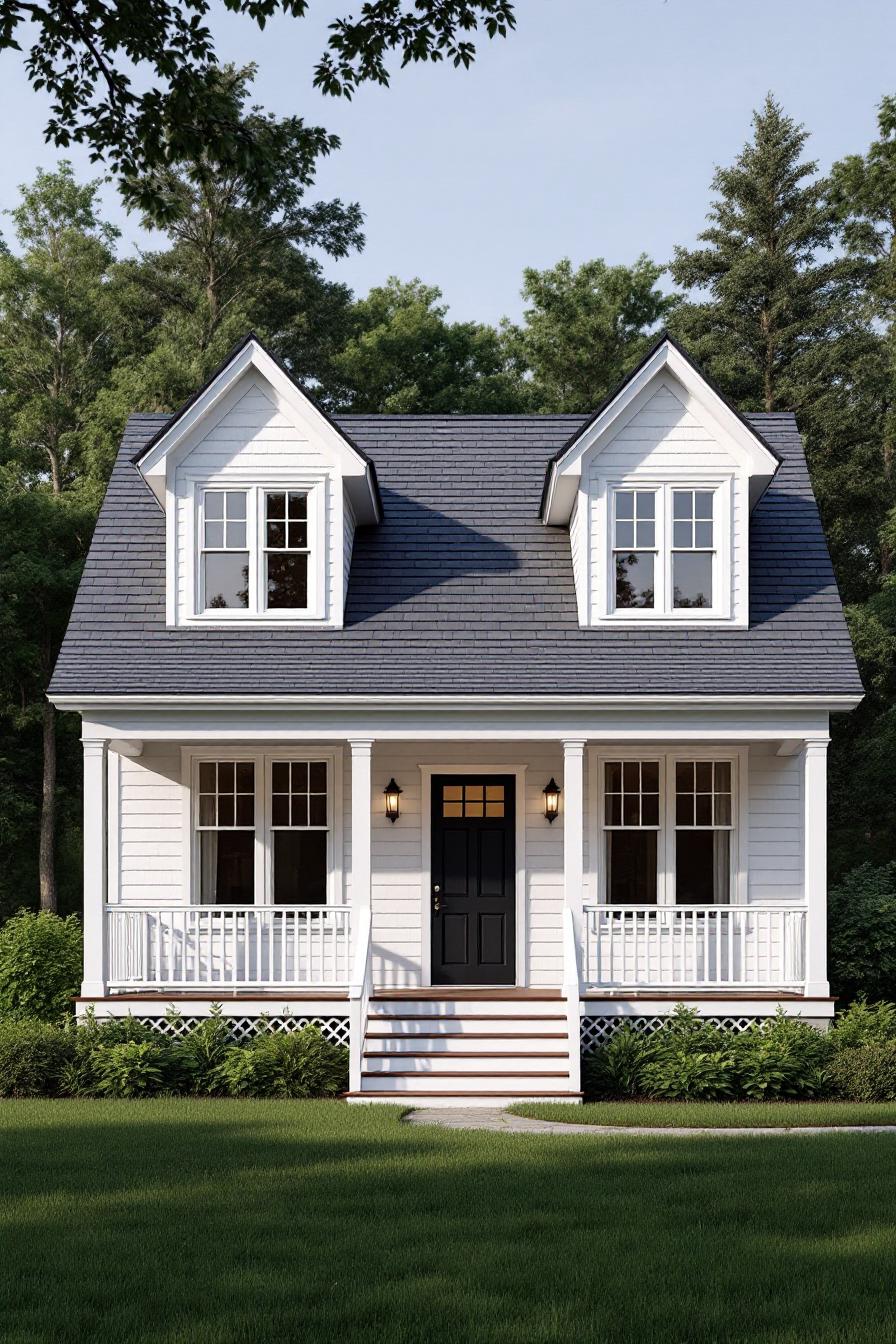 White house with black door and dormer windows surrounded by trees