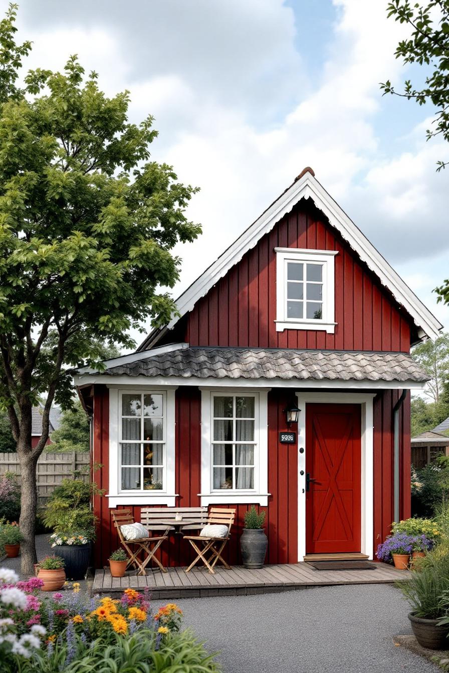 Small red gabled house with a cozy garden