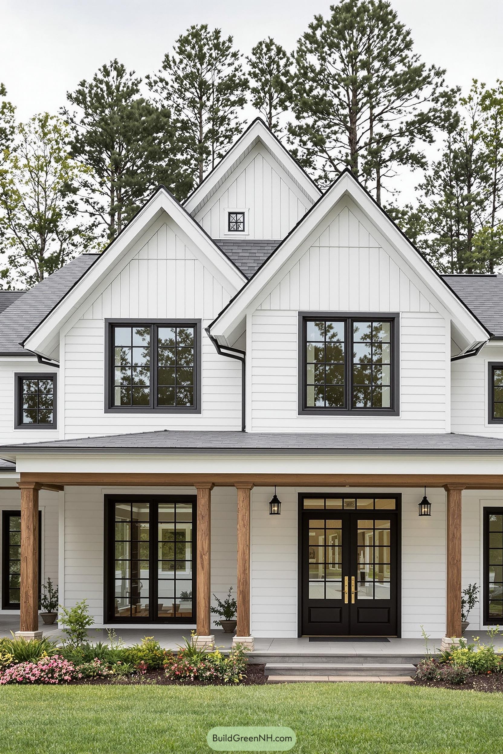 White farmhouse with black windows and wooden posts
