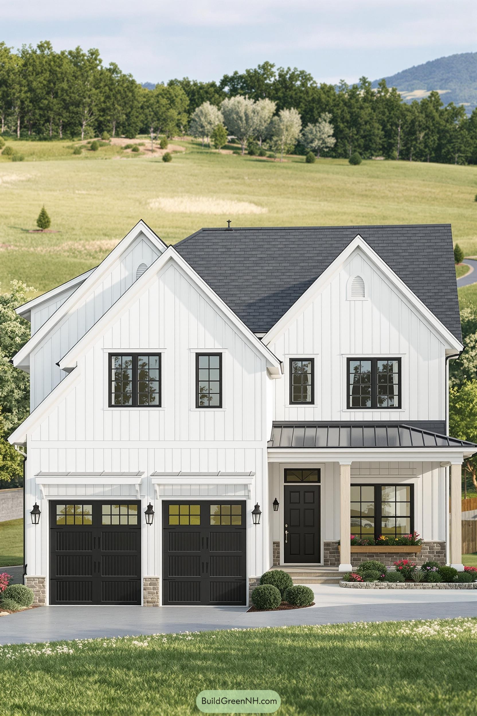 Modern country house with black accents and a lush landscape