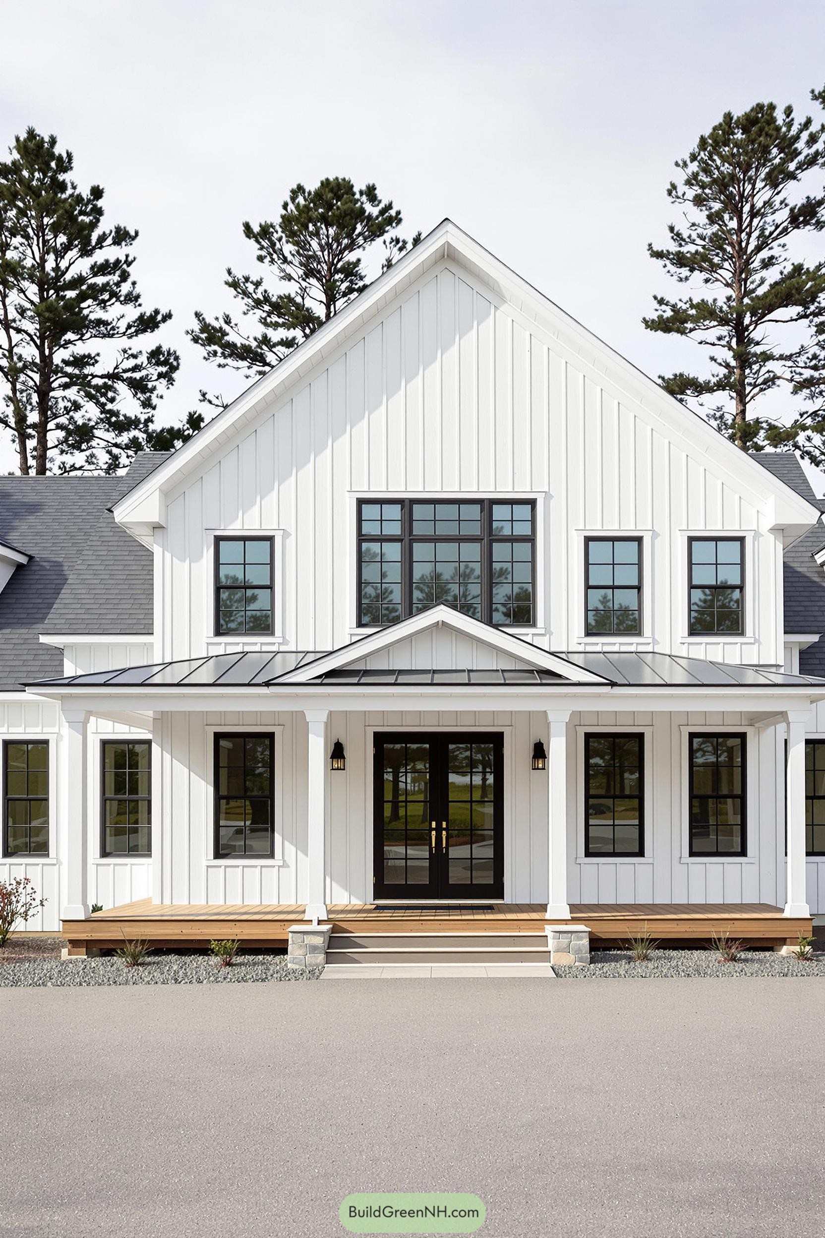 White farmhouse with black-framed windows and a welcoming porch