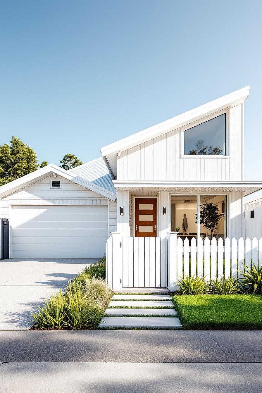 Modern white house with picket fence