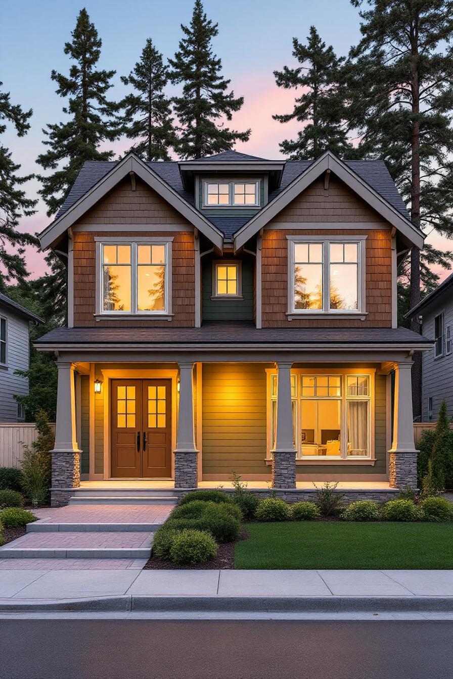 Glowing modern cottage at dusk with wood and stone accents