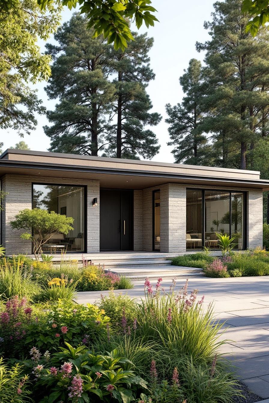 Modern Californian bungalow surrounded by lush greenery and tall trees