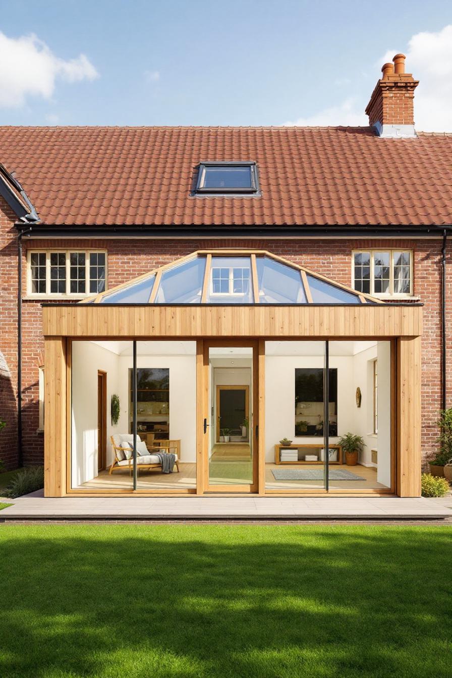 Modern extension of a brick cottage with stylish glass doors