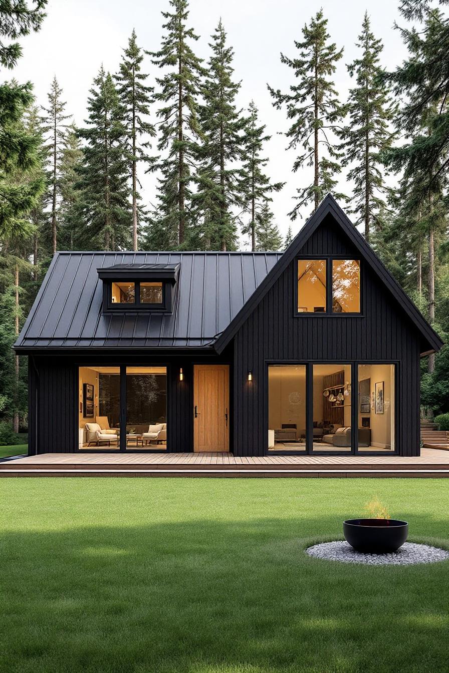 Modern black gabled cottage with large windows