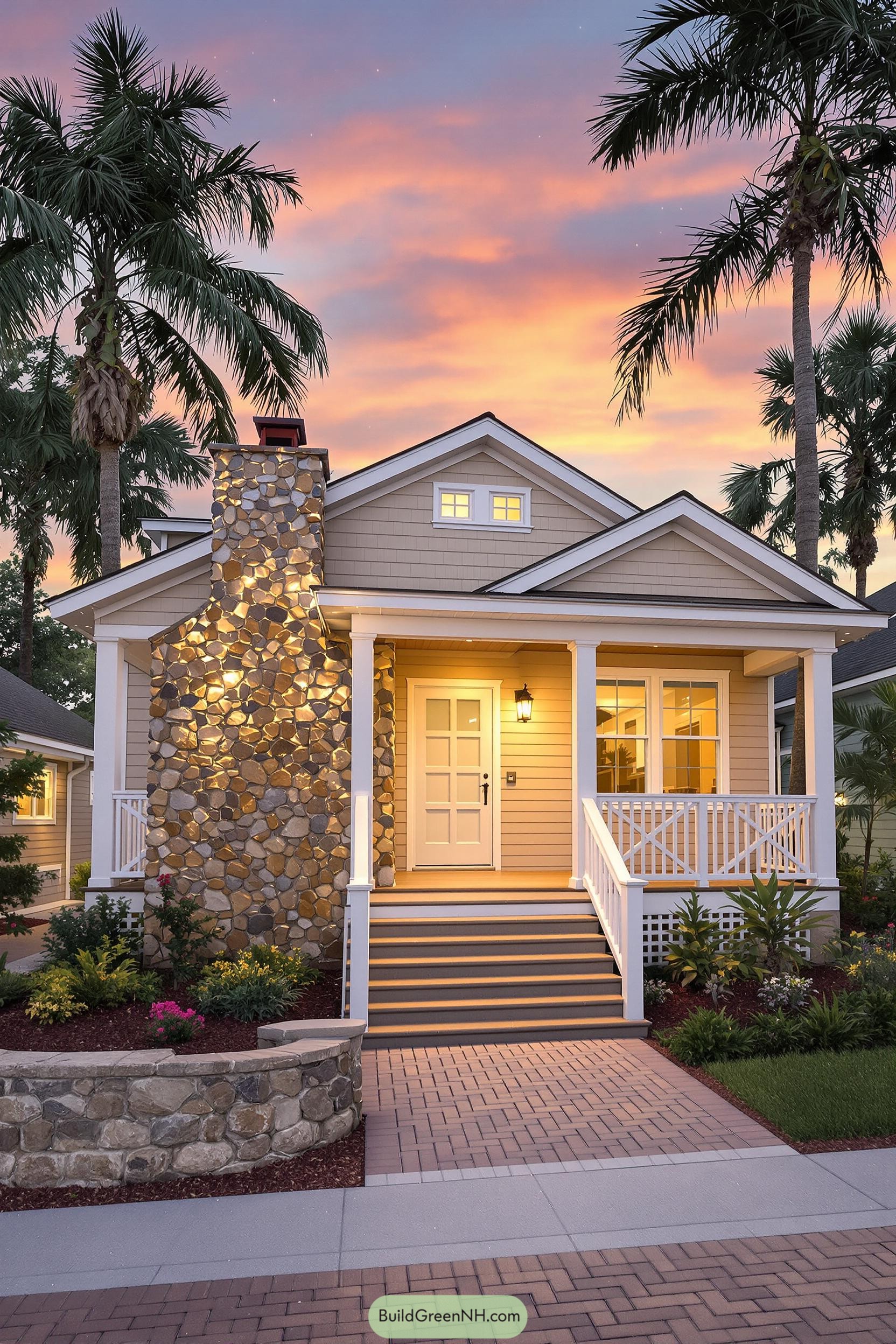 Small bungalow with porch and palm trees at sunset