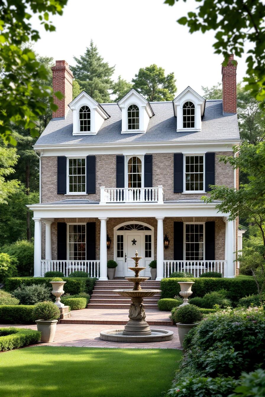 Georgian-style home with black shutters and central fountain