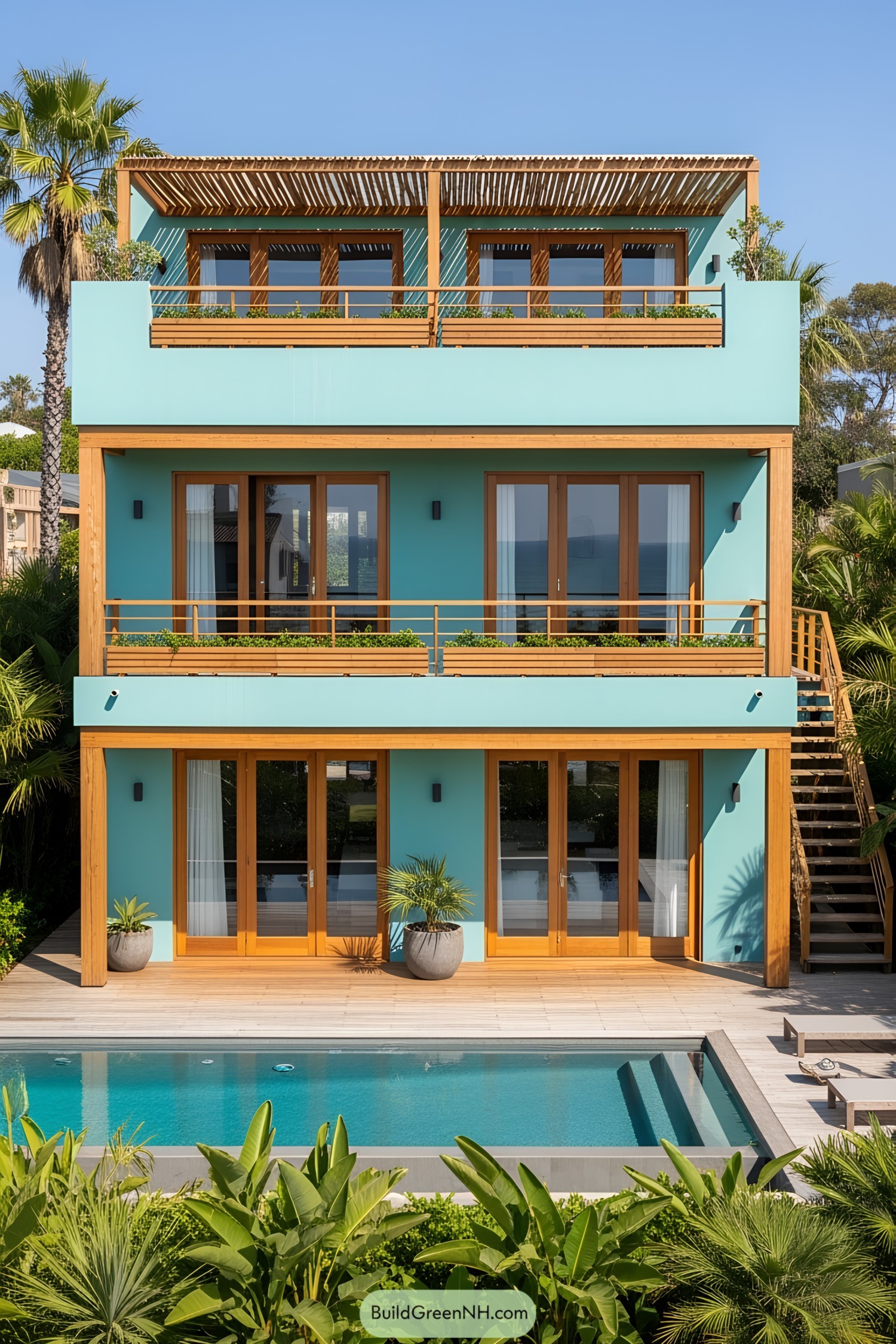 Vibrant Mediterranean beach house with pool