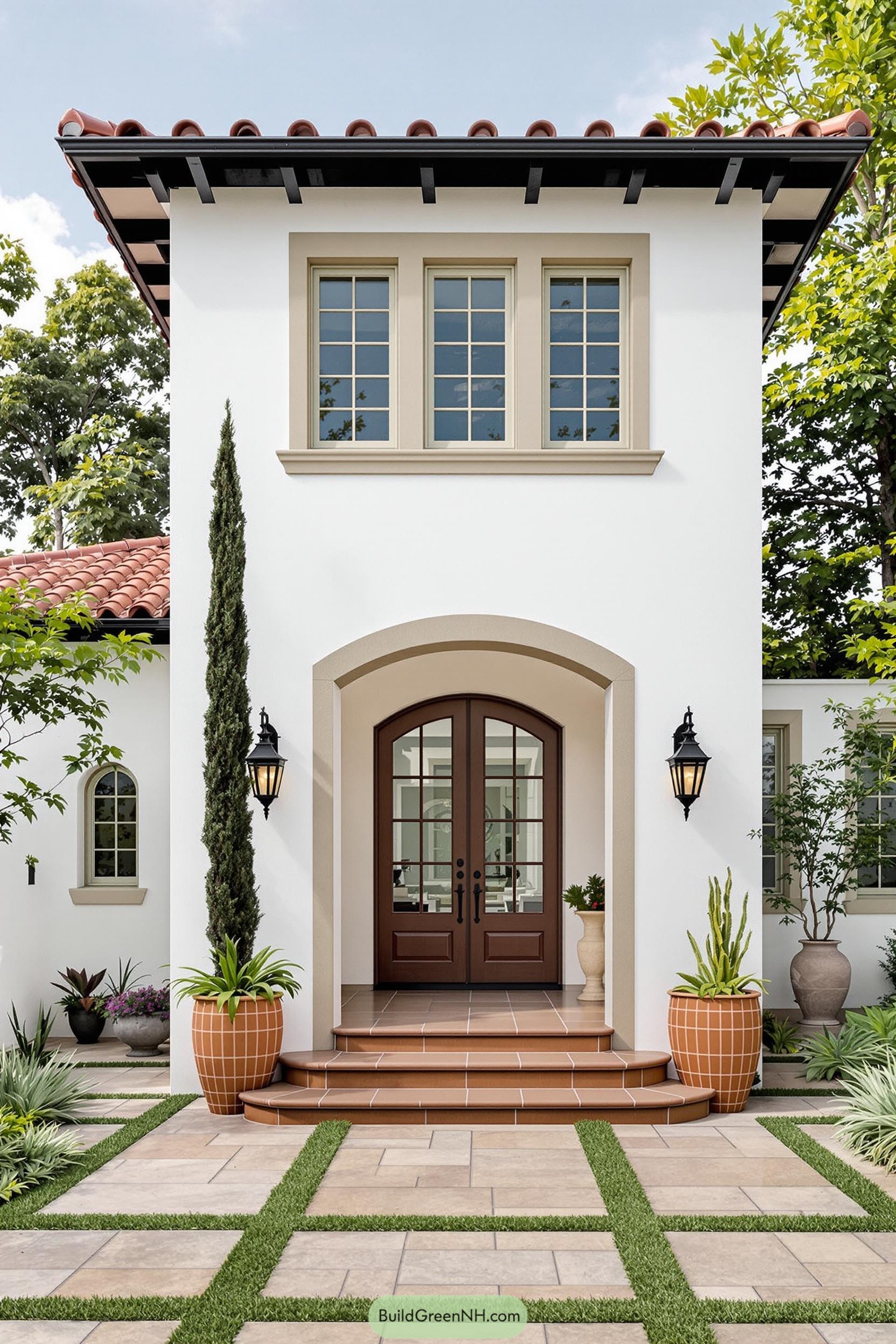 Elegant Spanish-style house entrance with terracotta tiles and lush greenery
