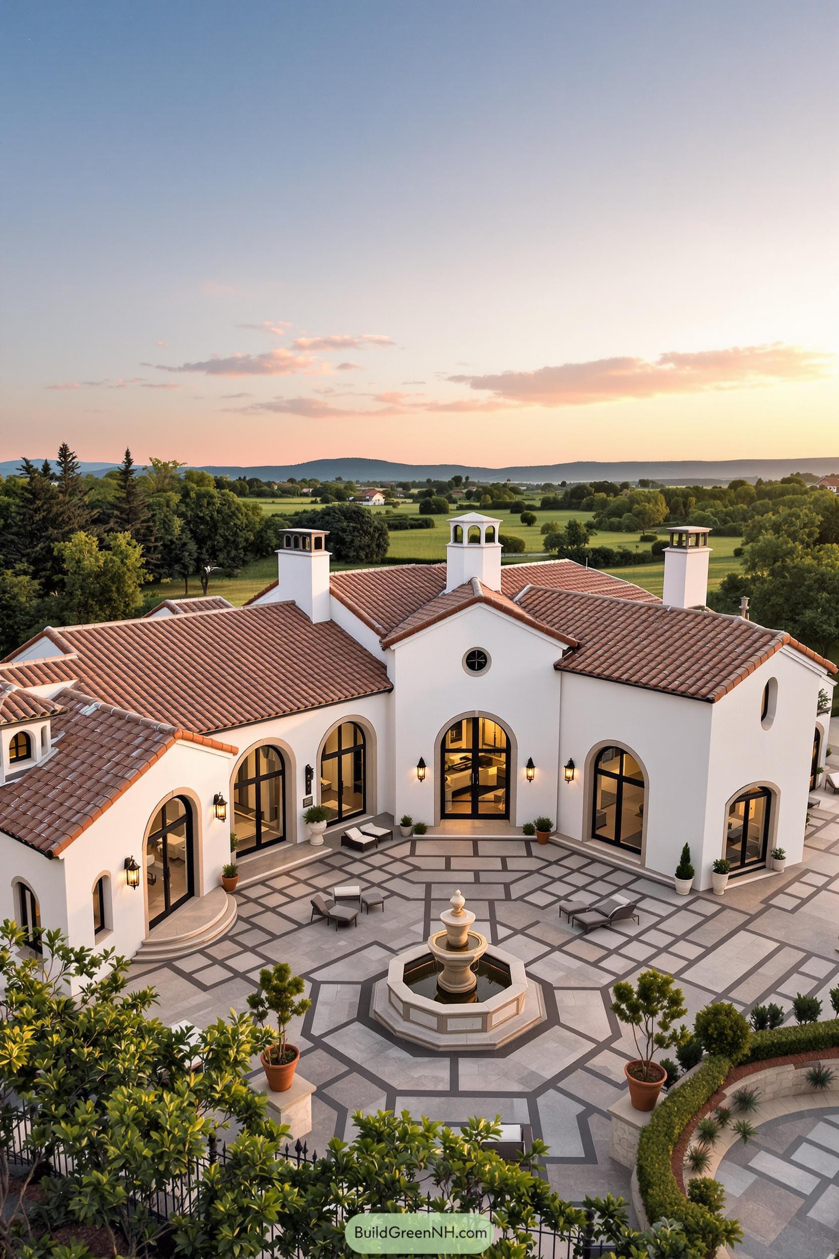 Elegant Tuscan cottage with courtyard fountain at sunset