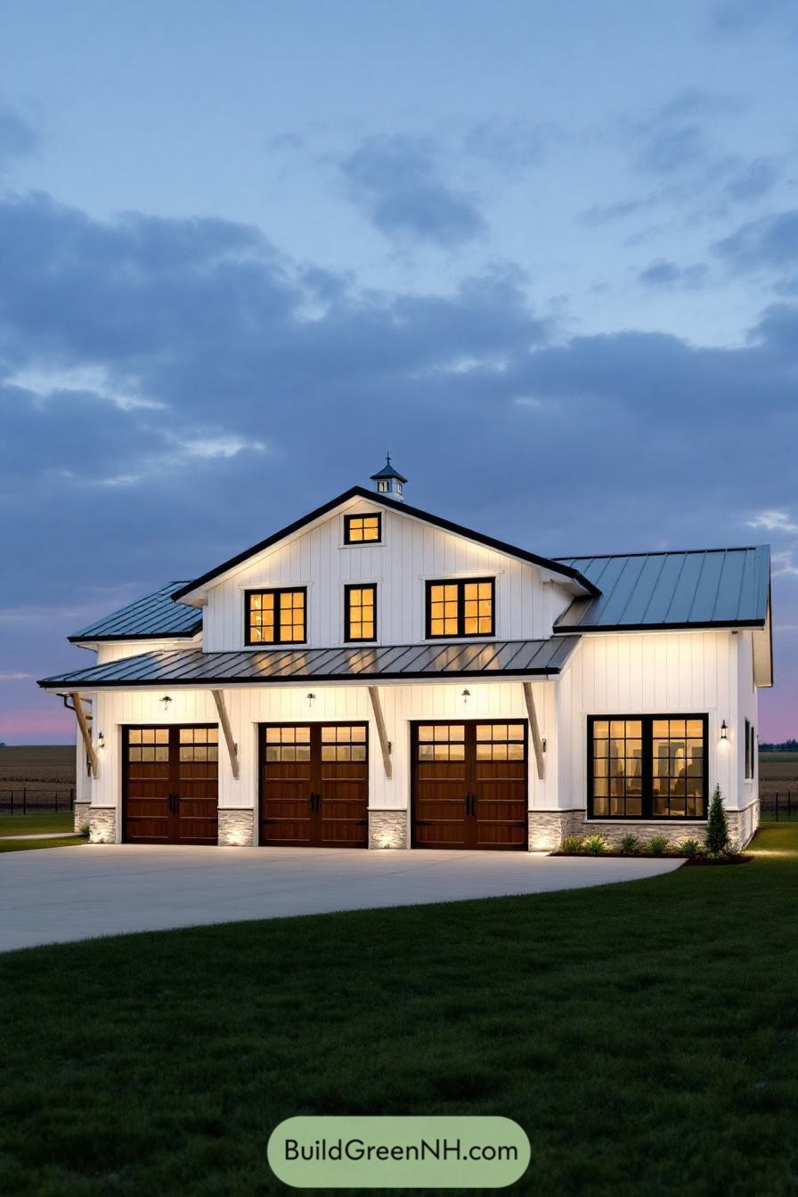 A white barndominium with three wooden garage doors lit at dusk