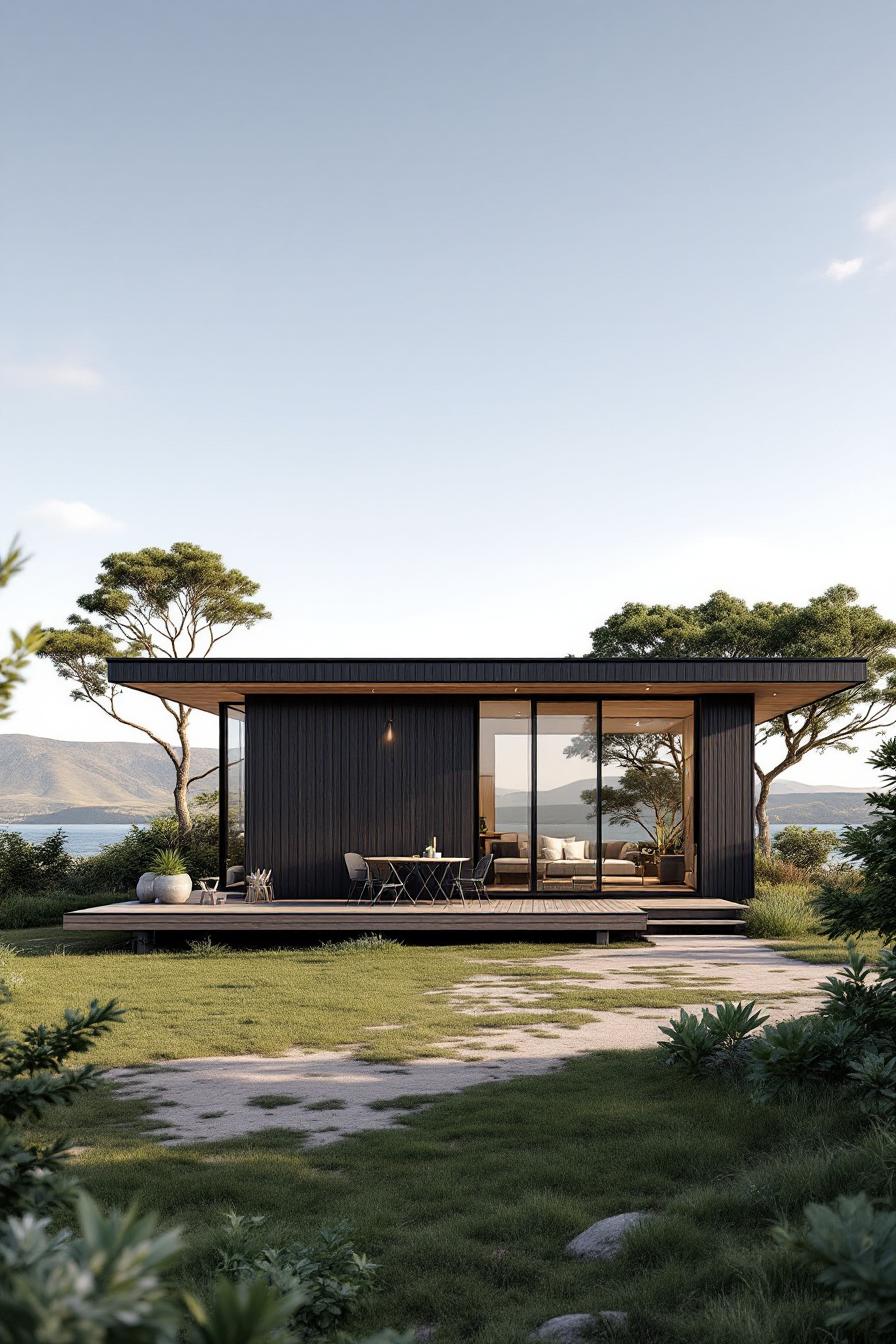 Modern beach shack with a glass facade overlooking the ocean