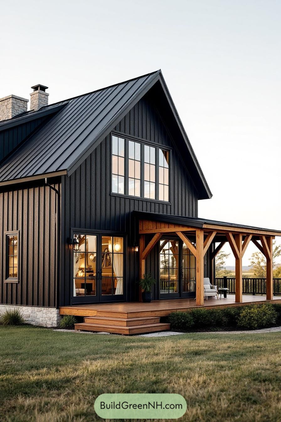Contemporary black barndominium with wooden accents