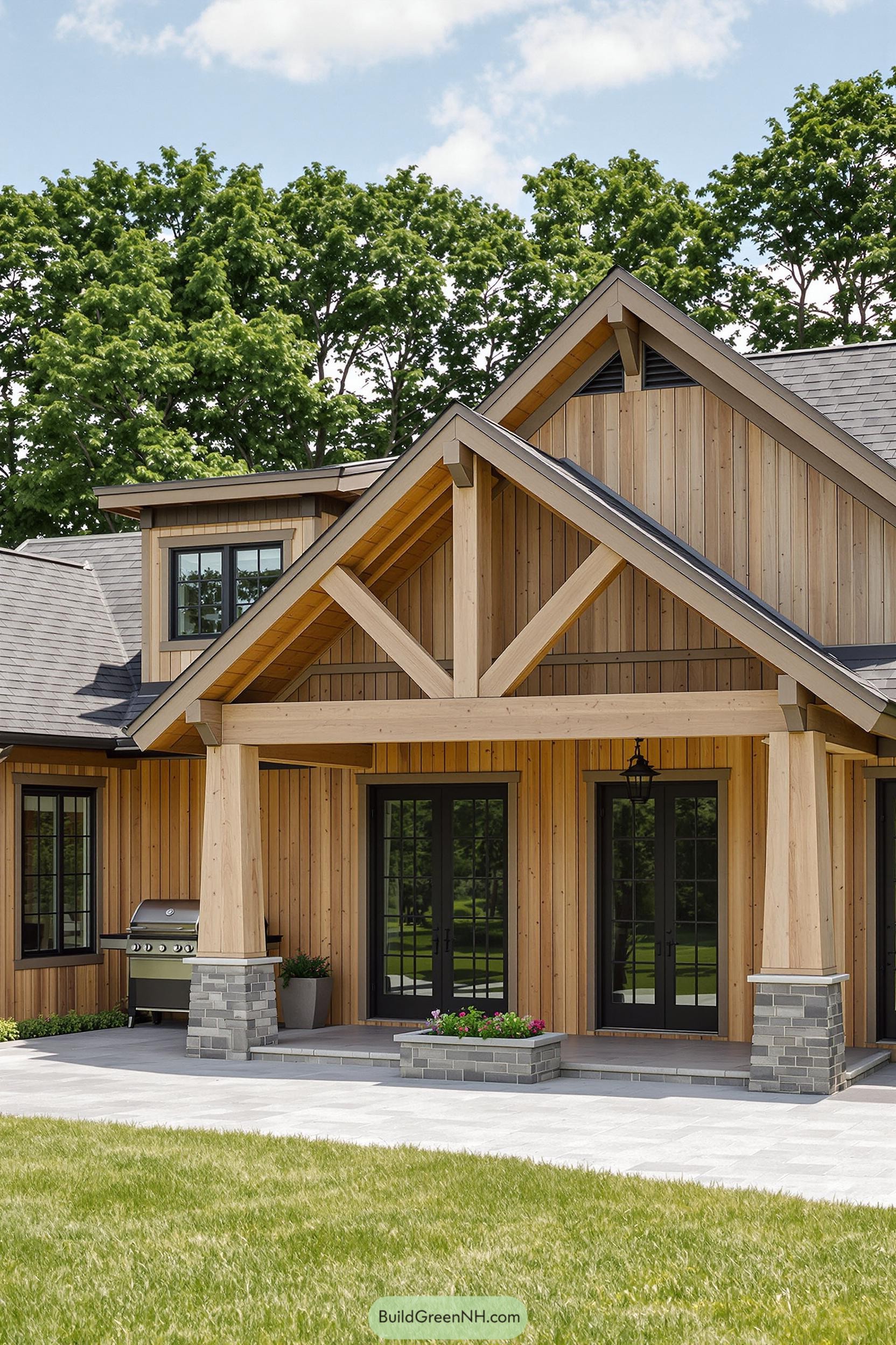 Wooden craftsman house with gabled roof and lush green background