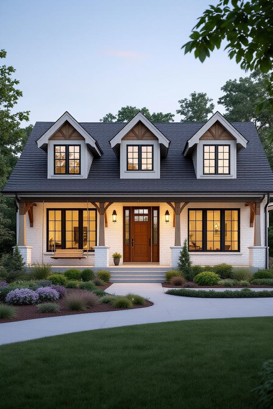 Charming Craftsman house with warm lighting and lush greenery