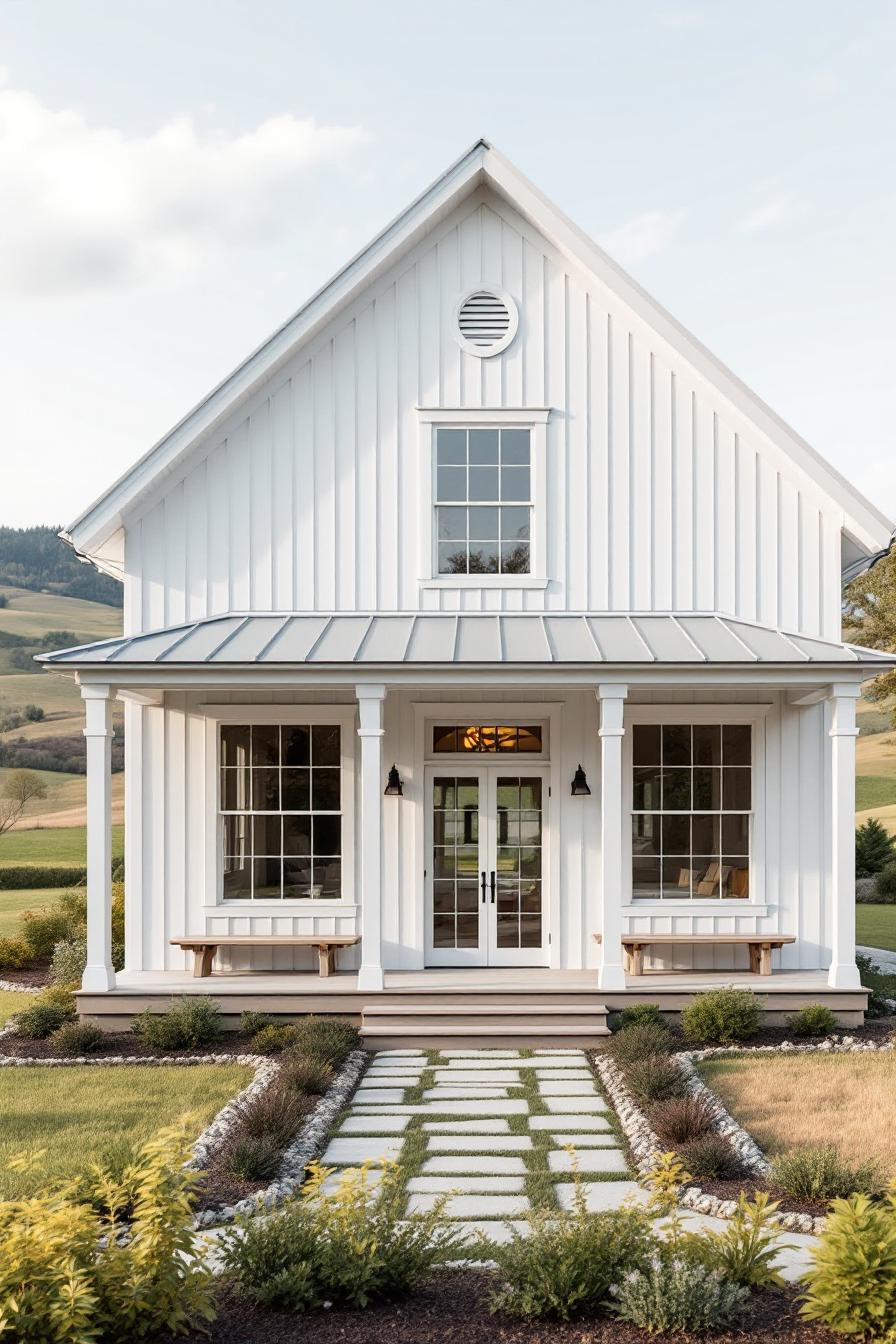 Classic white farmhouse with gabled roof and charming porch