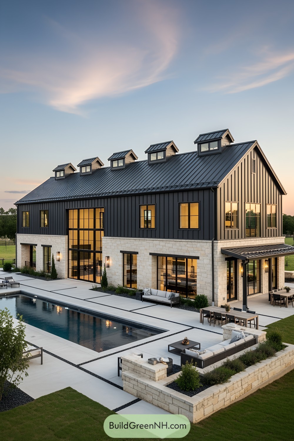Modern farmhouse with pool and large windows