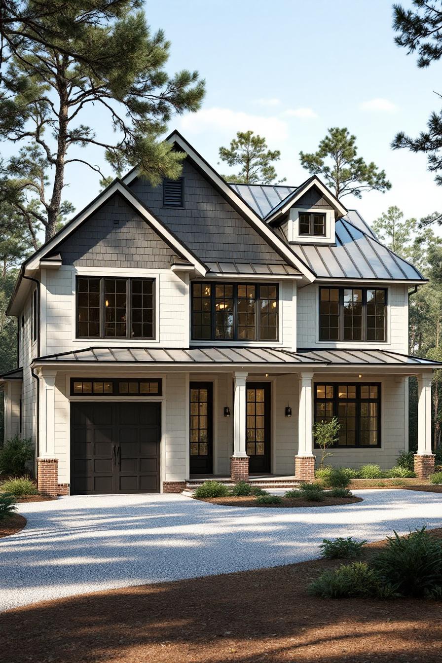 Two-story house with a porch surrounded by trees