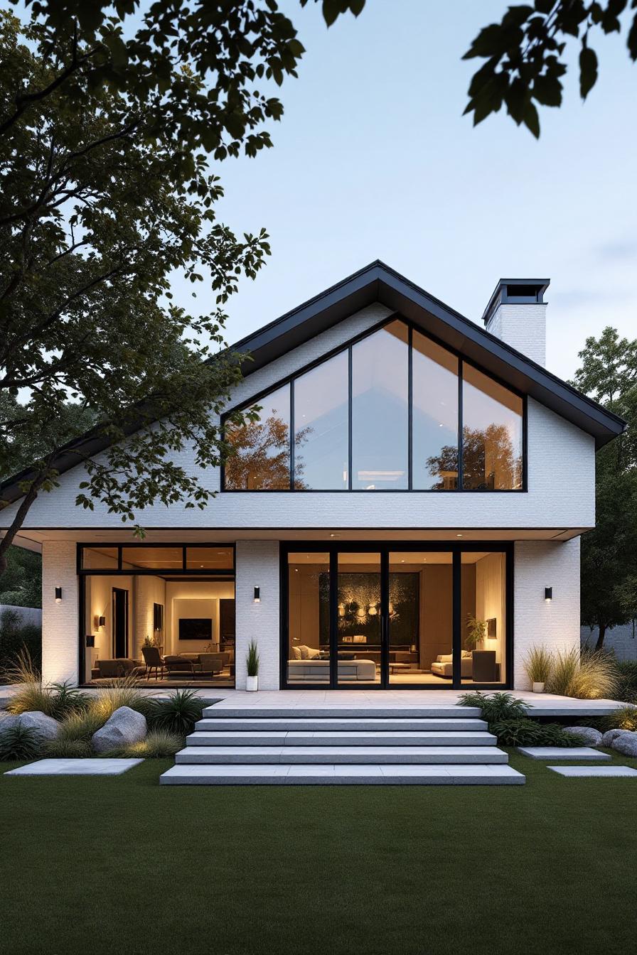 Stunning modern house with large windows and lush surroundings