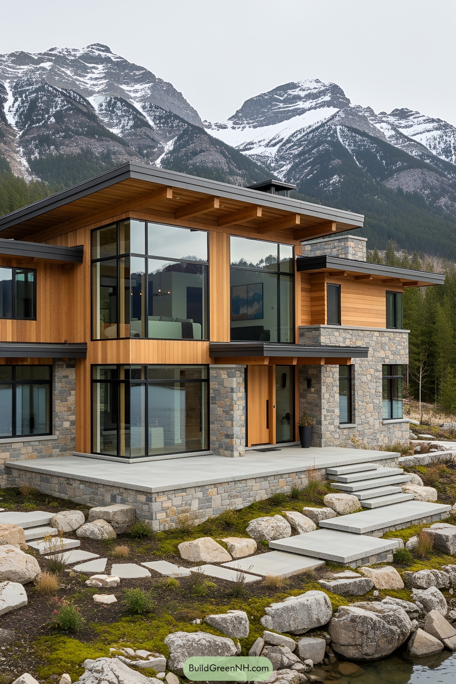 Modern mountain villa with wood and stone design