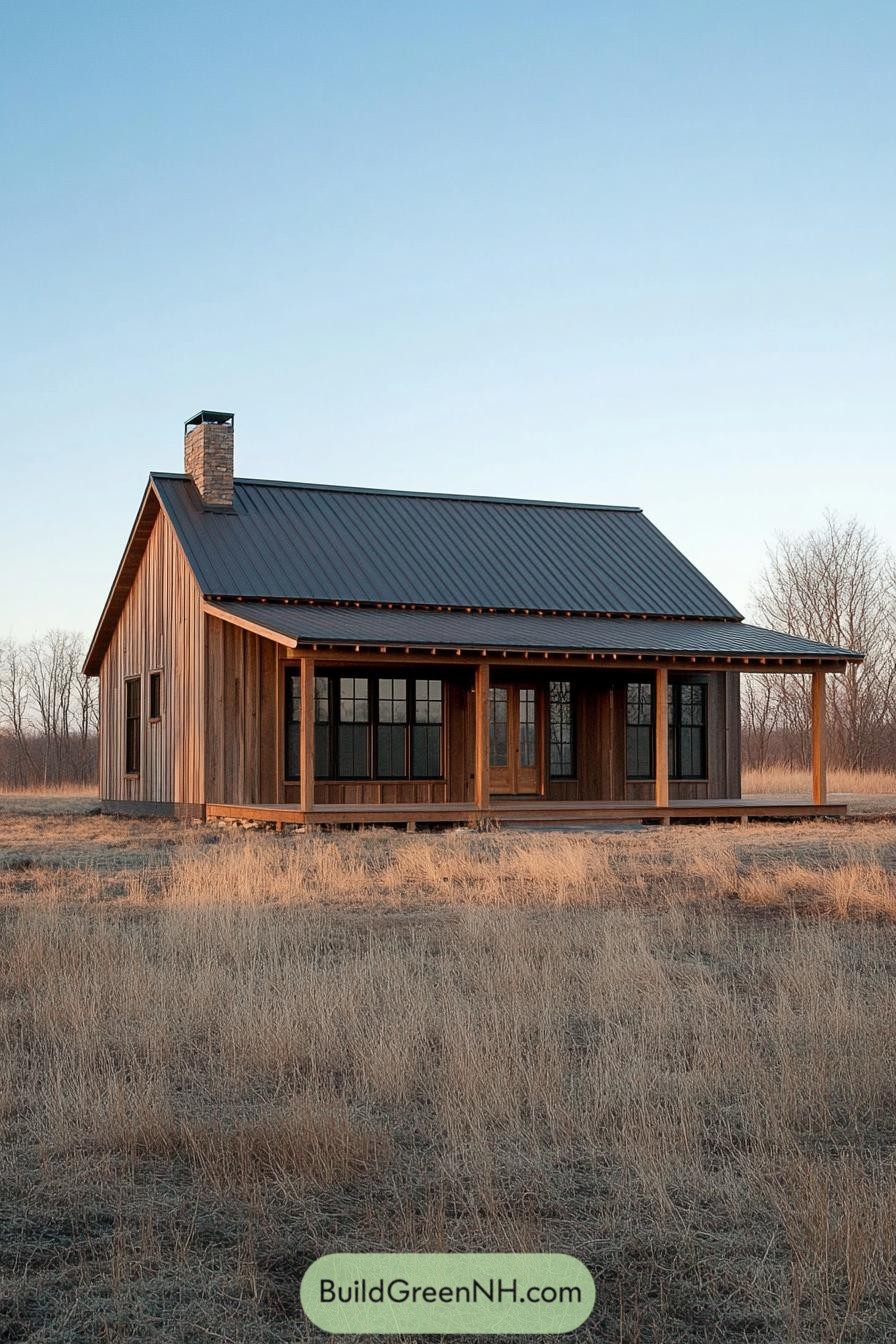 Charming wooden pole barn house in a field