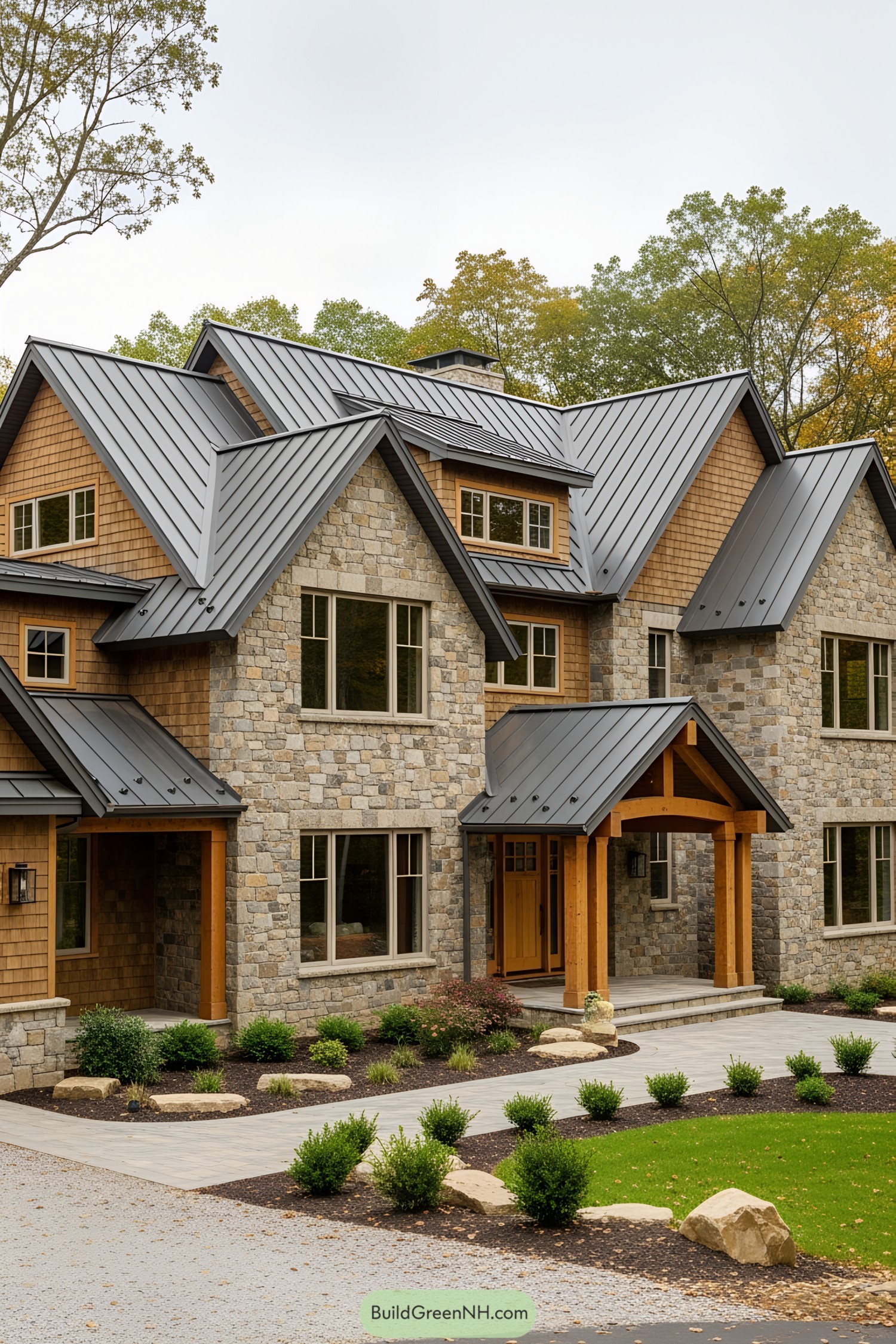 Rustic house with stone facade and metal roof