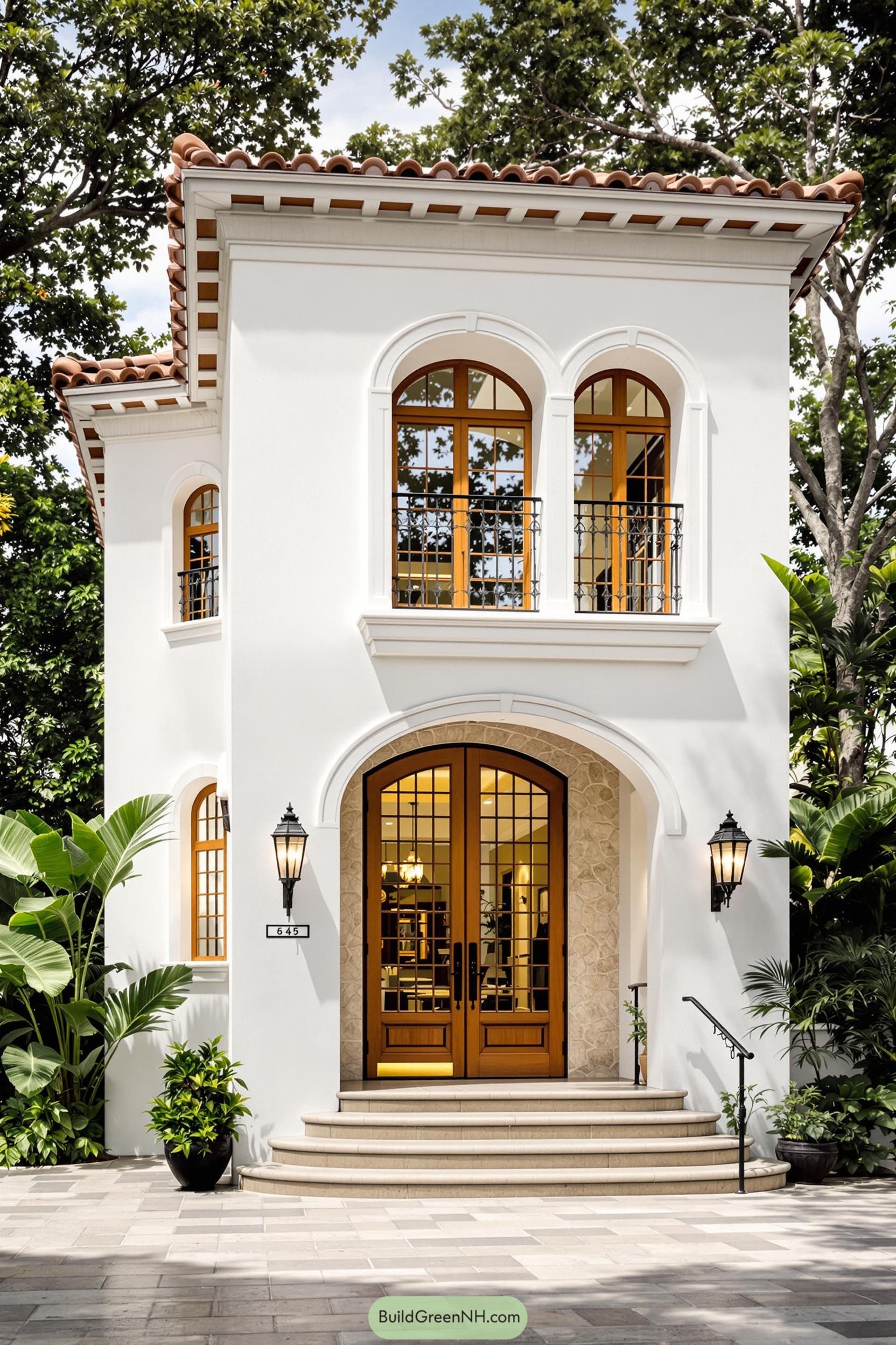 White Tuscan house with arched windows and wooden doors