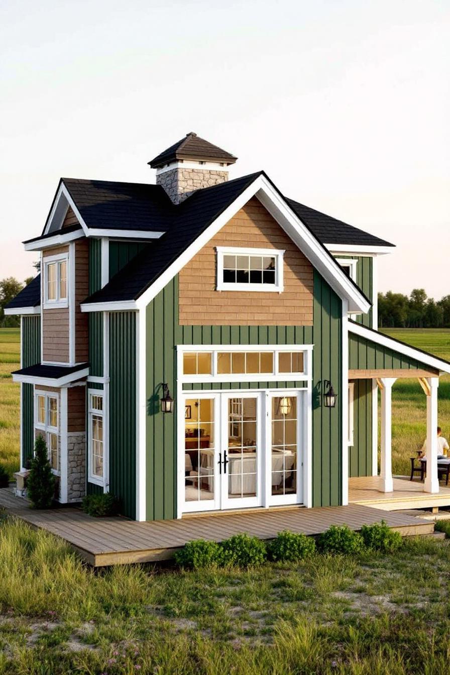 Small barndominium with green paneling and a stone chimney