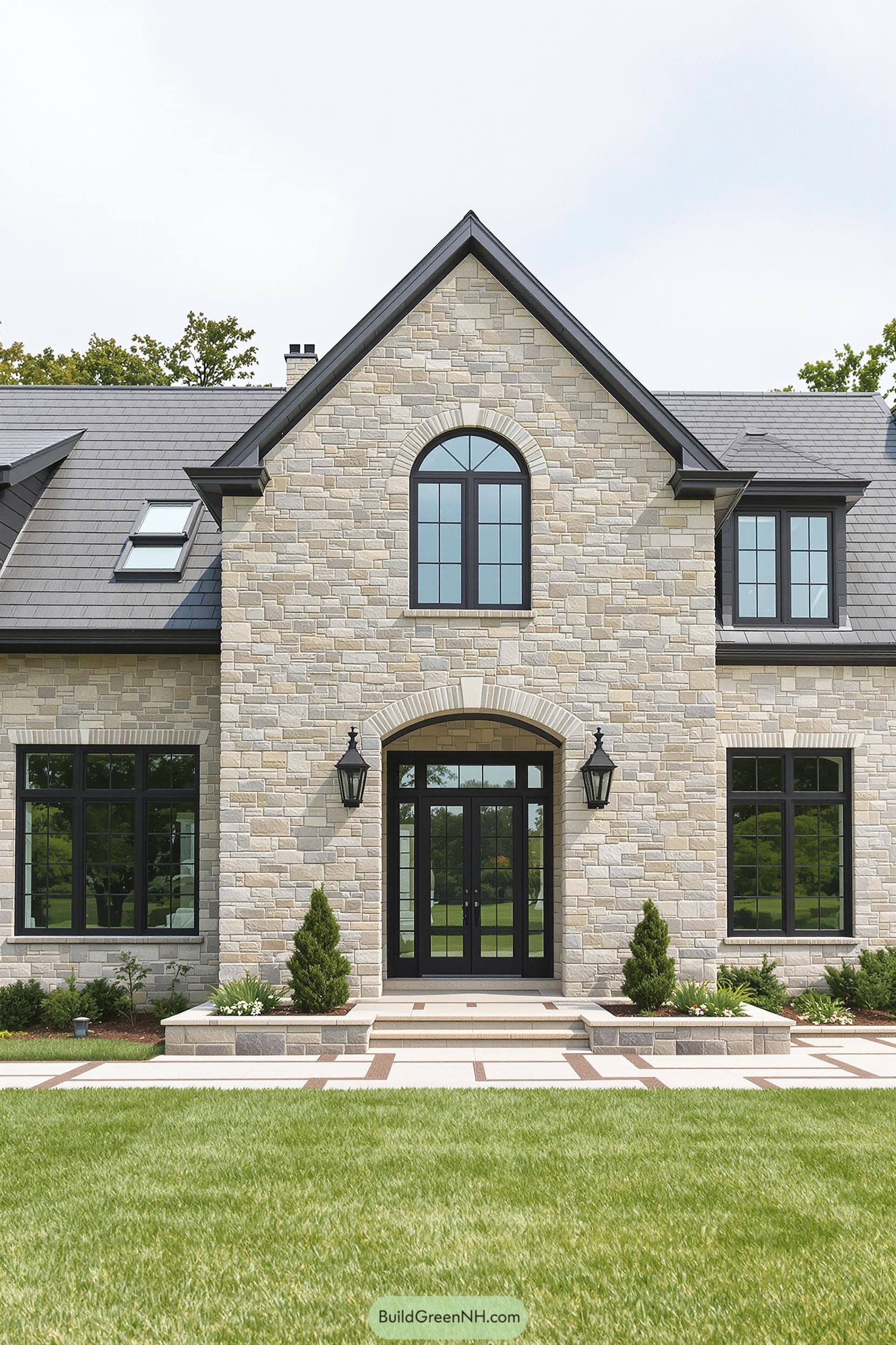Stone farmhouse with large arched windows and lush green lawn