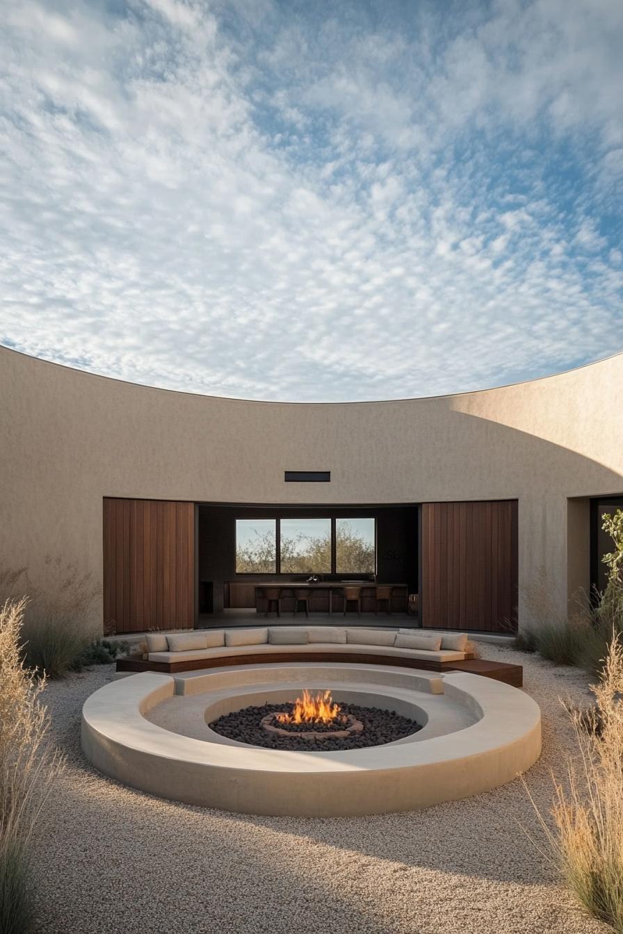 Circular sunken courtyard with central fire pit, surrounded by seating