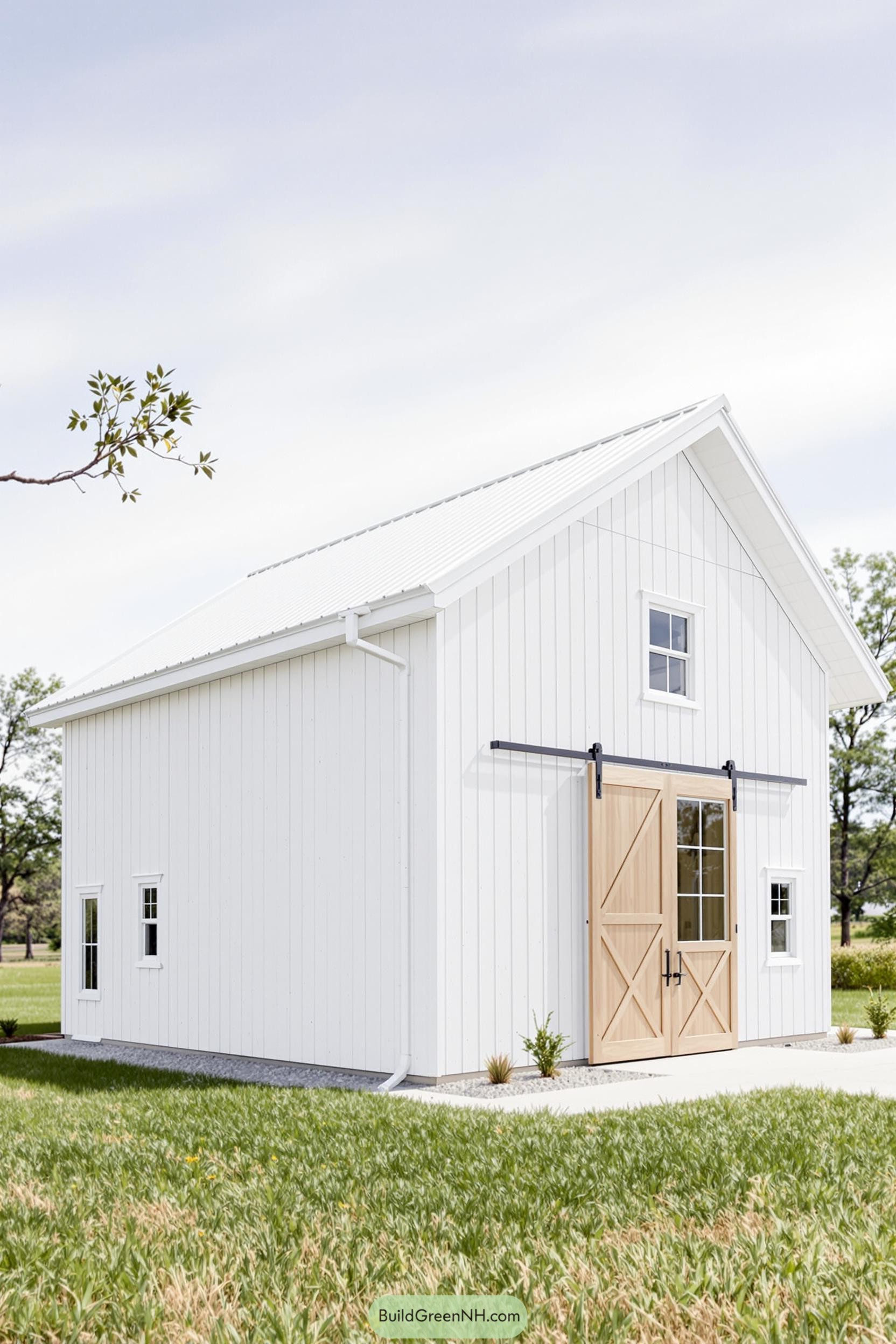 White barndominium with wooden sliding door