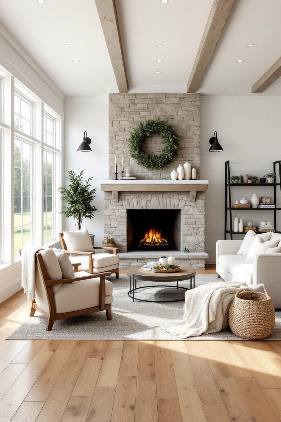 Farmhouse living room with fireplace and wood accents