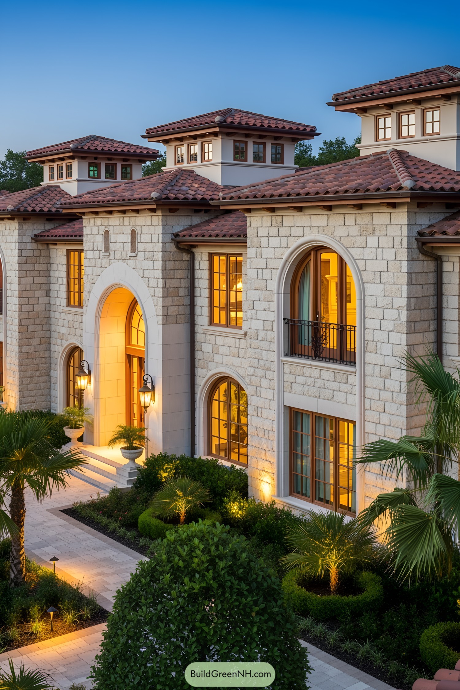 Luxurious Mediterranean home with stone detailing and arched windows