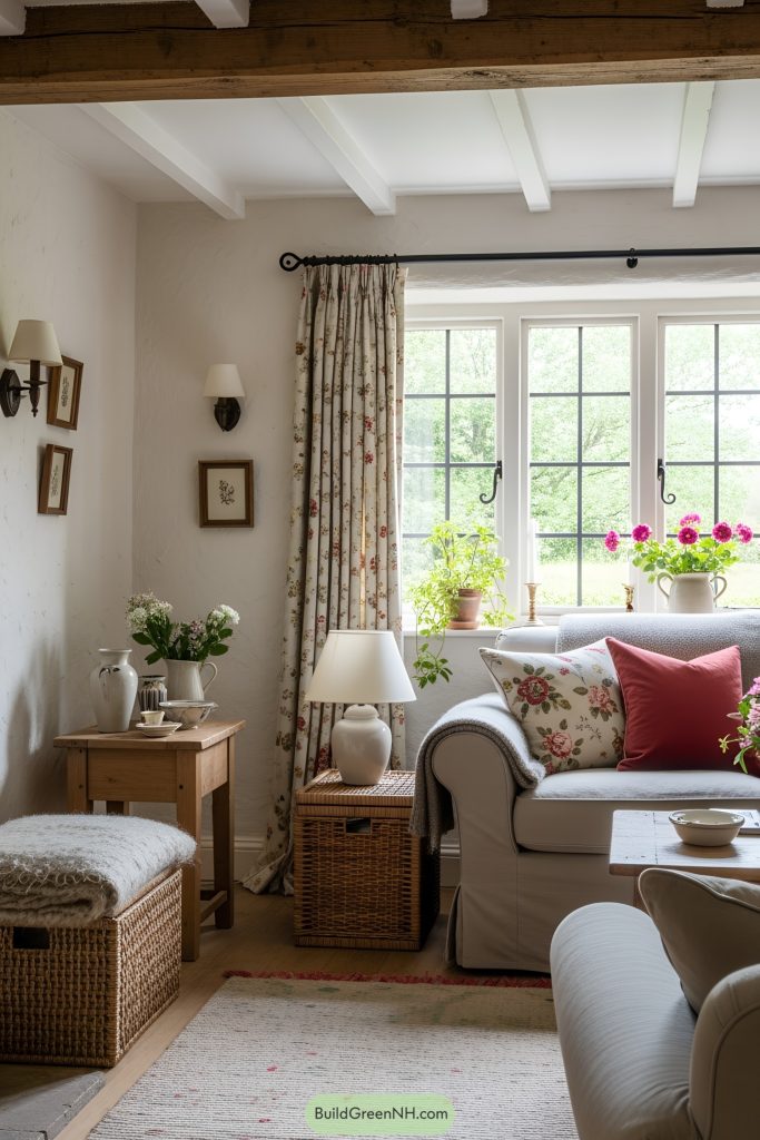 Living room with a cozy country cottage aesthetic displaying a warm and inviting English cottage style. The color theme consists of soft creams