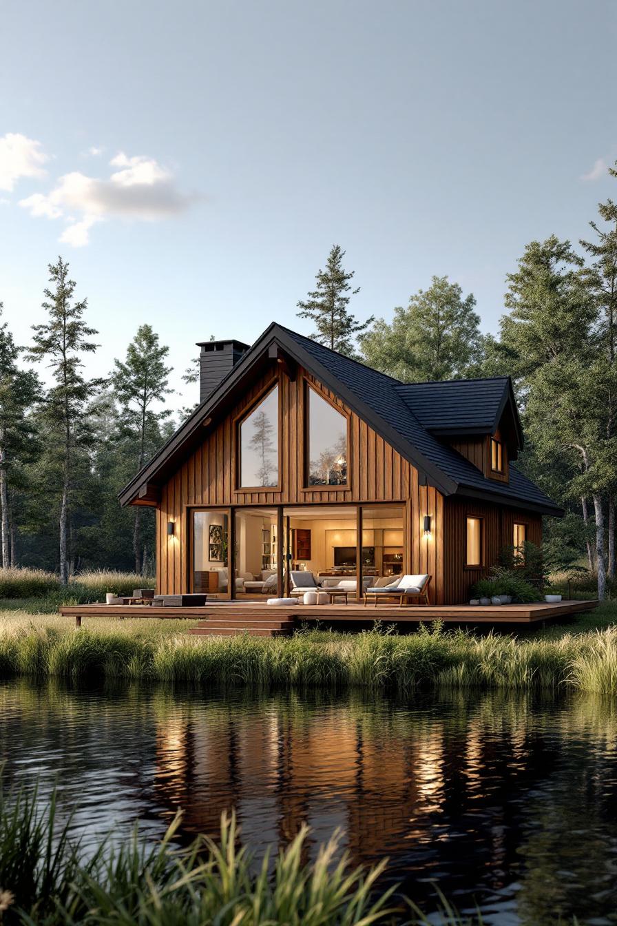 Wooden cabin by a tranquil lake surrounded by trees