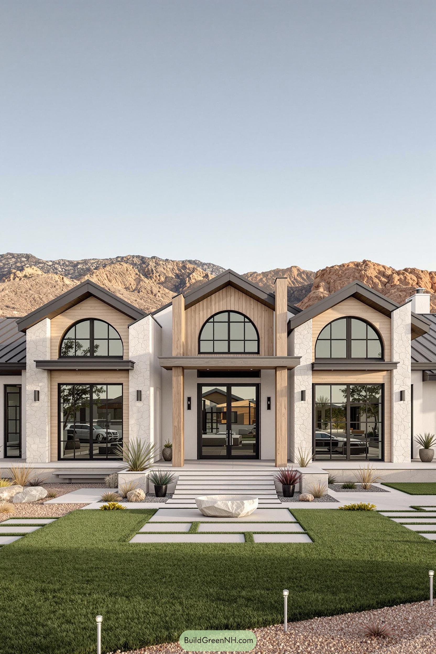 Modern ranch house with mountain scenery