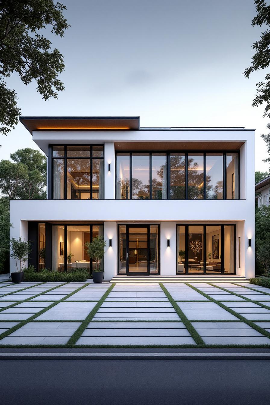 Modern luxury villa with large glass windows and a geometric front yard