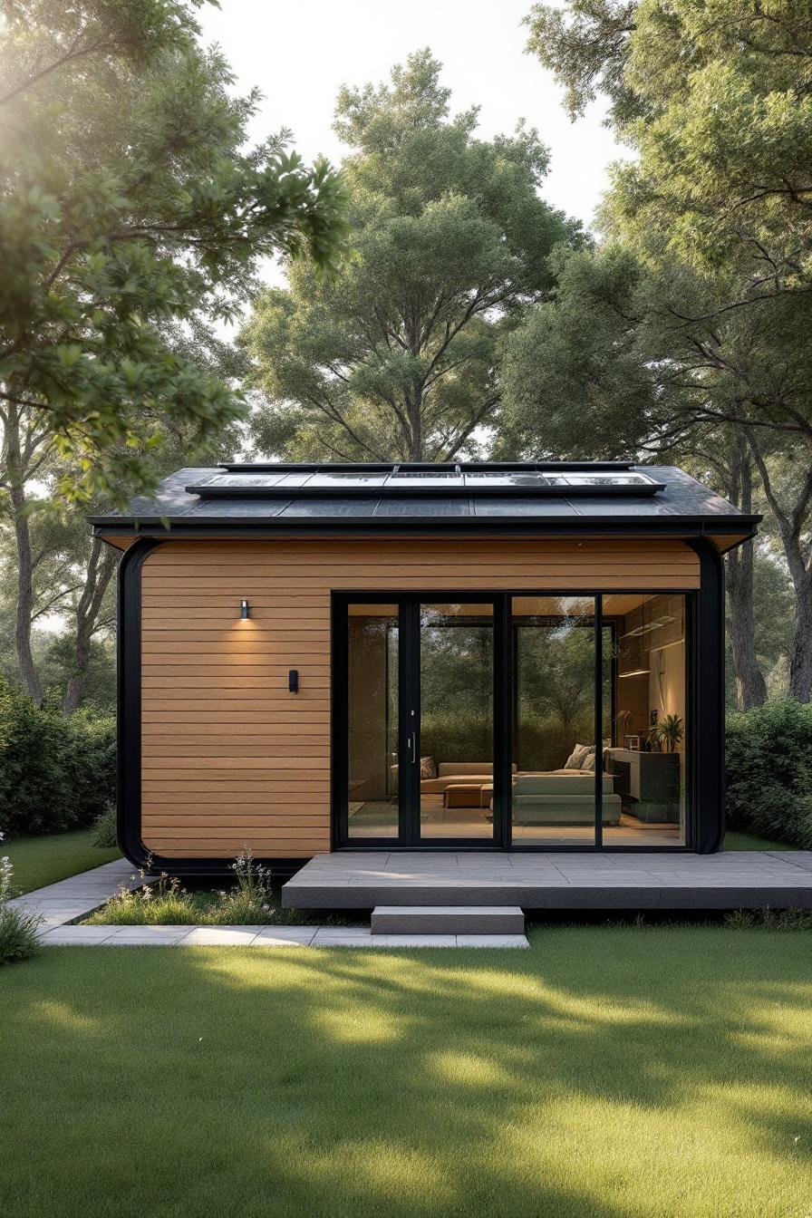 Small modern house with glass doors surrounded by lush trees